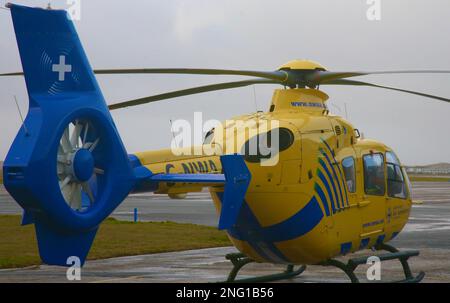 A close up view of the North West Air Ambulance Helicopter at Blackpool Airport, Blackpool, Lancashire, United Kingdom, Europe Stock Photo