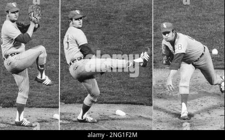 Hoyt Wilhelm, left, and Wilbur Wood, Chicago White Sox relief pitches, show  grips on their favorite pitch, July 20, 1968 in Chicago, the knuckleball,  which has baffled opposing American League batters all