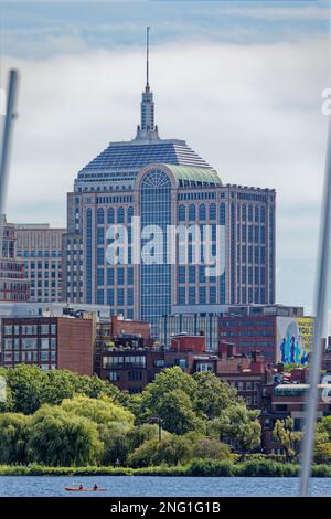 View from Cambridge: 200 Berkeley Building (former John Hancock Building) peeks over 500 Boylston Building on Charles River’s far shore. Stock Photo