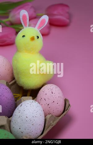 little yellow Easter chicken background with tulips and colourful eggs  Stock Photo