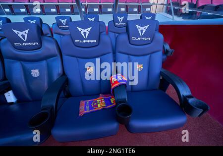 Team's bench at Camp Nou arena - the official playground of FC Barcelona Stock Photo