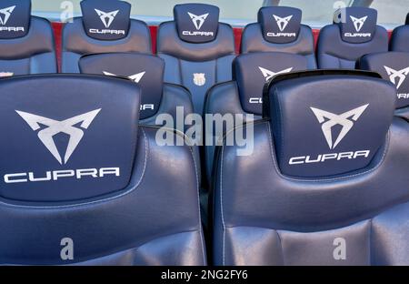 Team's bench at Camp Nou arena - the official playground of FC Barcelona Stock Photo