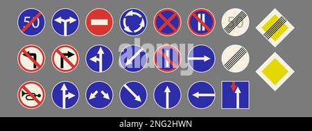A set of road signs on a gray background, horizontal, flat style for printing and design. Vector illustration. Stock Vector