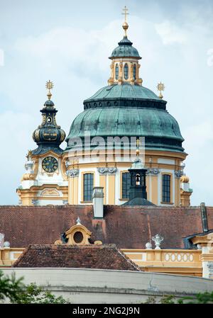 The view of tall baroque style spires of 18th century Melk Abbey in Melk town (Austria). Stock Photo