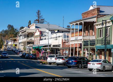 Sutter Creek is one of the gold mining towns along Highway 49 in the Sierra foothills of California. Stock Photo