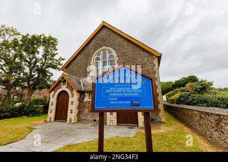 Blue name sign at Moriah Baptist Chapel in Marloes, a small village on the Marloes Peninsula in the Pembrokeshire Coast National Park, west Wales Stock Photo