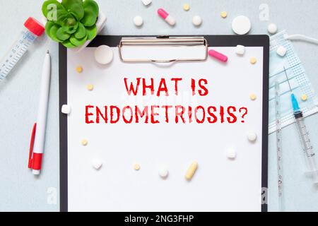 Notepad with the question what is Endometriosis and hand drawn paper cut female reproductive system on desk. Medical background, infertility and compl Stock Photo