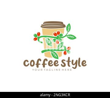 Coffee, paper coffee cup, coffee branch with beans and leaves, logo design. Coffee house, cafe, plant, fruit, food, drink and drinking, vector design Stock Vector