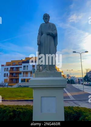 Nitra, Slovakia -01.29.2023: Statue of the Evangelist Apostle Matthew in the historic center of the city. Stock Photo