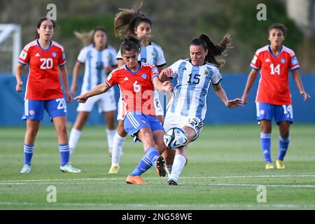 Auckland, New Zealand. 17th Feb, 2023. Gisela Pino (L) of Chile National Women's soccer team and Florencia Bonsegundo of Argentina National Women's soccer team seen in action during the FIFA Women's World Cup 2023 Playoff held at the North Harbour Stadium. Final score; Argentina 4:0 Chile Credit: SOPA Images Limited/Alamy Live News Stock Photo