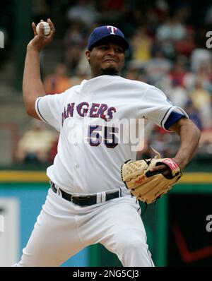 Texas Rangers pitcher Robinson Tejeda (55) makes a warm up pitch prior to  the start of the baseball game against the Los Angeles Angels in Arlington,  Texas, Wednesday, May 24, 2006. (AP