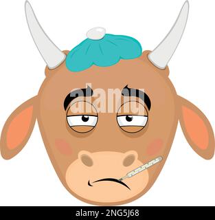 vector illustration face of a sick cartoon cow, with a thermometer in her mouth and a bag of water on her head Stock Vector