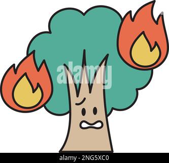 Tree character burning in wildfire. A cute illustration of a deformed tree. Stock Vector