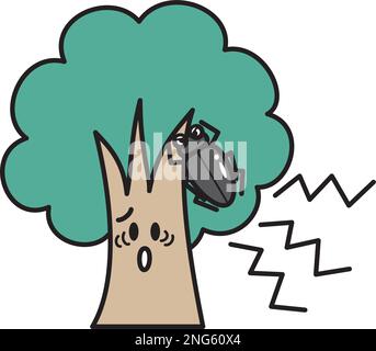 Tree character sickened by pests. Black and white line drawing. A cute ...