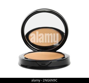 Black pocket powder with mirror isolated on white. Cosmetic product ...