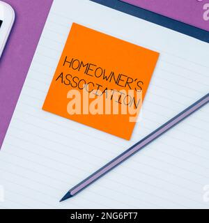 Text sign showing Homeowner's Association. Word for Covers losses and damages to an individual's house Stock Photo