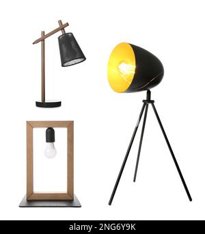 Set with different stylish table lamps on white background Stock Photo