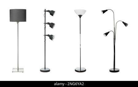 Set with different stylish floor lamps on white background Stock Photo