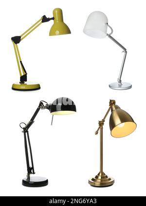 Set with different stylish table lamps on white background Stock Photo