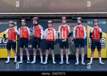 Saint Raphael, France. 17th Feb, 2023. The Cofidis Team (from L to R): Benjamin Thomas, Davide Cimolai, Anthony Perez, Alexandre Delettre, Piet Allegaert, Victor Lafay, Bryan Coquard during the Tour 06-83. The first stage of the Tour 06-83 (Tour des Alpes-maritimes et du Var) 2023 takes place between Saint-Raphael and Ramatuelle. The winner was Kevin Vauquelin (team Arkea Samsic) who finished ahead of Neilson Pawless (team EF Education-EasyPost) in second place and Kevin Geniets (team Groupama-FDJ) in third place. Credit: SOPA Images Limited/Alamy Live News Credit: SOPA Images Limited/Alamy Li Stock Photo