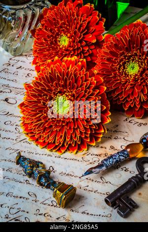 Wax Seal And Mums On Old Antique Letter Stock Photo