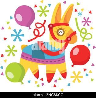 A vector illustration of whimsical fun pinata, balloons and confetti. Stock Vector