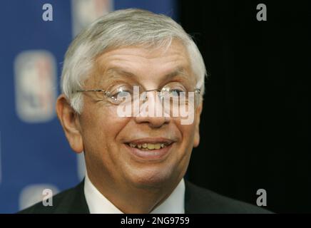 Russ Granik, deputy commissioner of the NBA, left, and Washington Wizards  owner Abe Pollin, right, announce during a news conference at the MCI  Center in Washington, Saturday, Dec. 4, 1999, that the