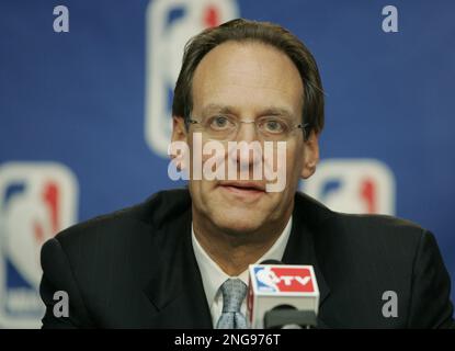 Russ Granik, deputy commissioner of the NBA, left, and Washington Wizards  owner Abe Pollin, right, announce during a news conference at the MCI  Center in Washington, Saturday, Dec. 4, 1999, that the