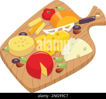 A cartoon vector illustration of various cheeses on a wooden board. Stock Vector