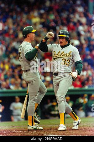 Oakland A's Jose Canseco, right, is welcomed home by
