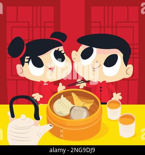 A cartoon vector illustration of a cute boy and girl having chinese dumplings in restaurant. Stock Vector