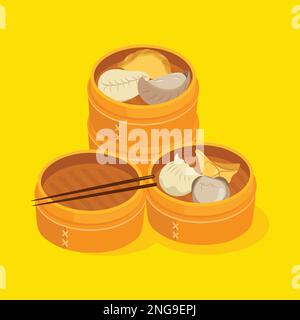 A cartoon vector illustration of various chinese dumplings in bamboo baskets. Stock Vector