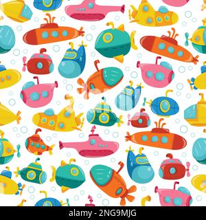 A cartoon vector illustration of cartoon submarines seamless pattern background. Stock Vector