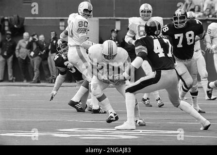 A photograph on display of former Miami Dolphins running back Jim Kiick,  full back Larry Csonka, center, and running back Mercury Morris, right, at  Independence Hall assisted living facility in Wilton Manors