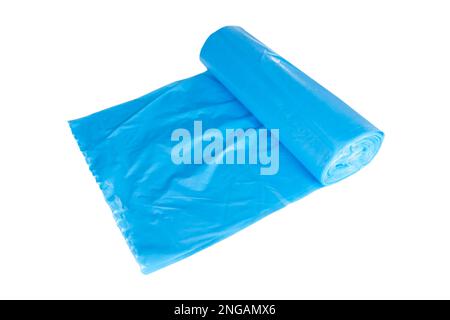 Blue rolls of garbage bin bags isolated on white background with copy space. Roll of garbage bags close-up Stock Photo