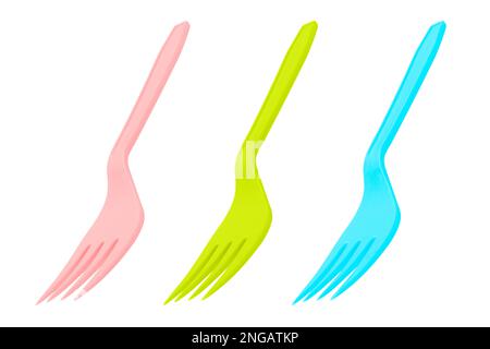 Plastic fork isolated on white background. Disposable tableware set isolated with clipping path. Stock Photo