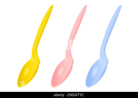 Plastic spoon isolated on white background. Disposable tableware set isolated with clipping path. Stock Photo