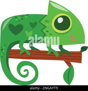 A cartoon vector illustration of a cute green chameleon lizard perching on a tree branch. Stock Vector