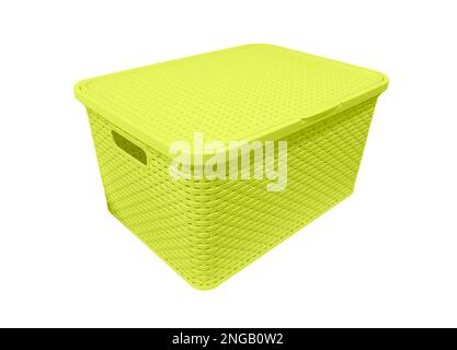 Yellow plastic storage box isolated on white background. Plastic box. Storage container isolated. Stock Photo