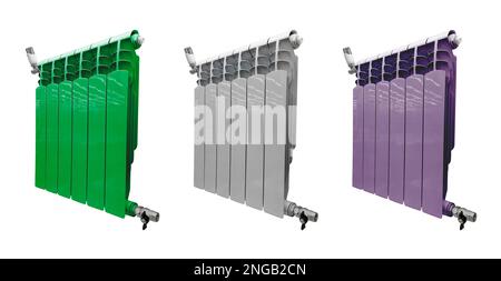 Three heater battery isolated on white background. Radiator. Home water heater convector isolated. Heating convector. Stock Photo