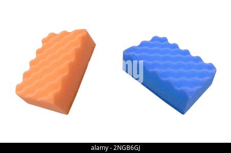 Macro shot of a surface two sponge isolated onwhite background. Close-up texture. Scrub sponge. Sponge texture background. Sponge for background Stock Photo