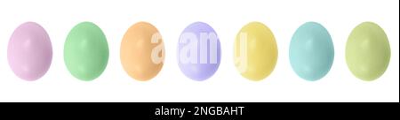 Easter eggs isolated on white background. Rainbow colored Easter eggs isolated. Group of easter eggs in a row. Stock Photo