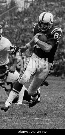 Baltimore Colts end Raymond Berry snags a pass from quarterback John Unitas  for a five-yard gain as the Colts and the Detroit Lions tangled, Sept. 30,  1962 in Baltimore, Md. Defensive halfback