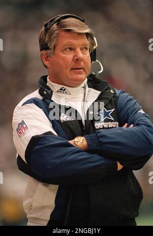 Dallas Cowboys coach Jimmy Johnson watches the action during the NFC championship game against the San Francisco 49ers in Irving Texas Jan. 24 1994. AP Photo John Swart Stock Photo Alamy