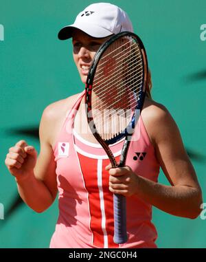 Russia's Elena Dementieva reacts before defeating Japan's Akiko Morigami during their third round match of the French Open tennis tournament at the Roland Garros stadium, Friday May 27, 2005 in Paris. ( AP Photo/Francois Mori)