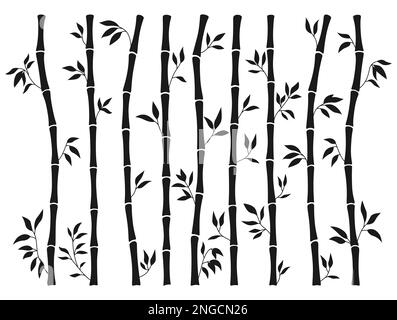 Bamboo stem and leaf silhouette borders set. Exotic decoration elements natural plant in engraving ink style. Hand drawing painted Asian traditional tree leaves, sticks bamboo ornament collection Stock Vector