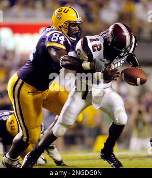 LSU defensive end Marcus Spears (84) celebrates after sacking ...