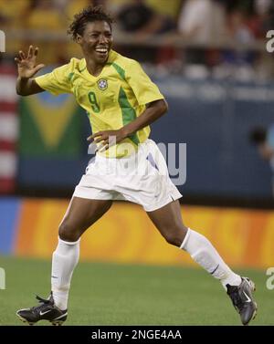 Brazil's forward Pretinha celebrates after scoring against USA during a  gold medal women soccer game for