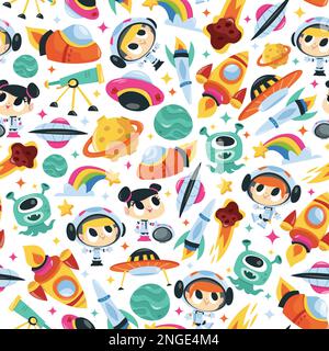 A cartoon vector illustration of super cute space adventure seamless pattern background. Stock Vector