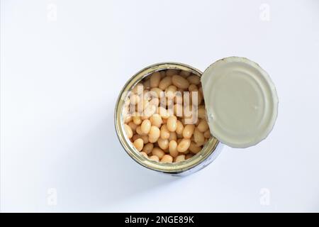 open can with canned beans on white top view close up Stock Photo